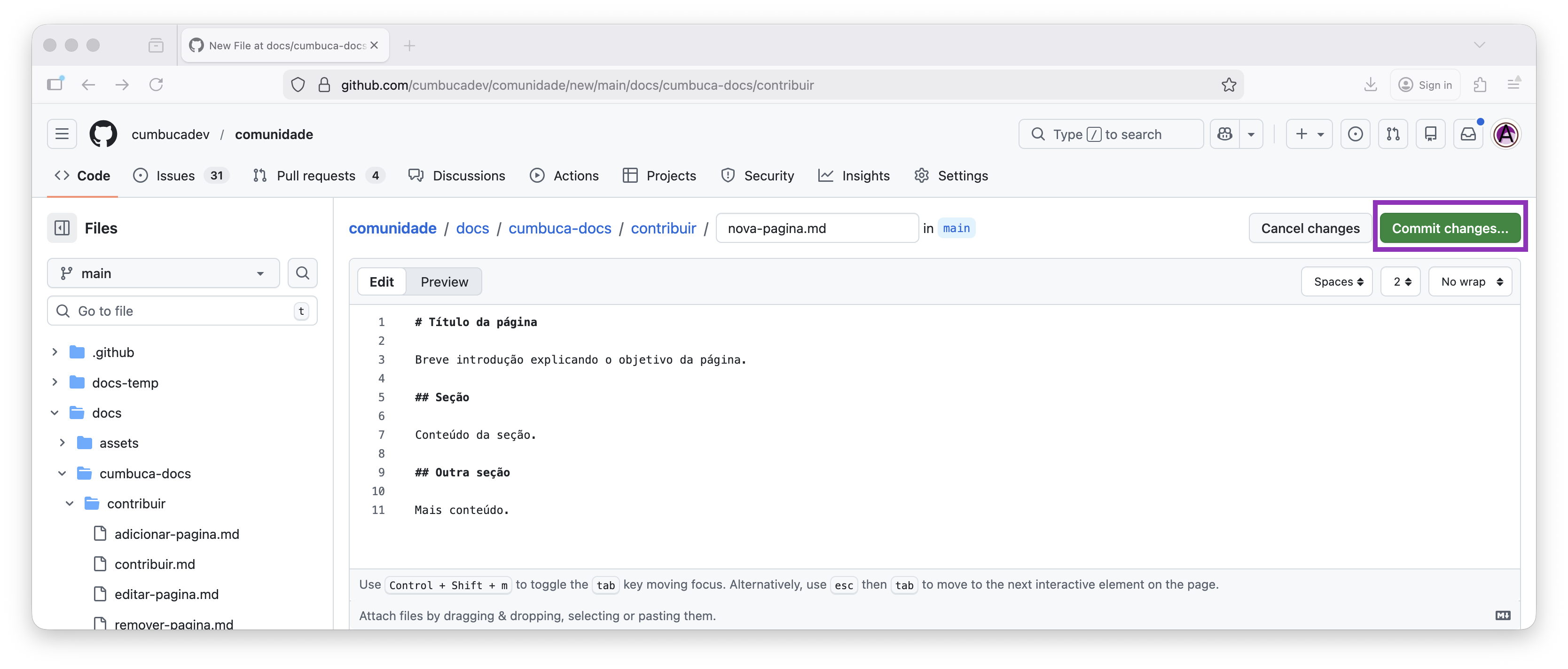 botão commit changes