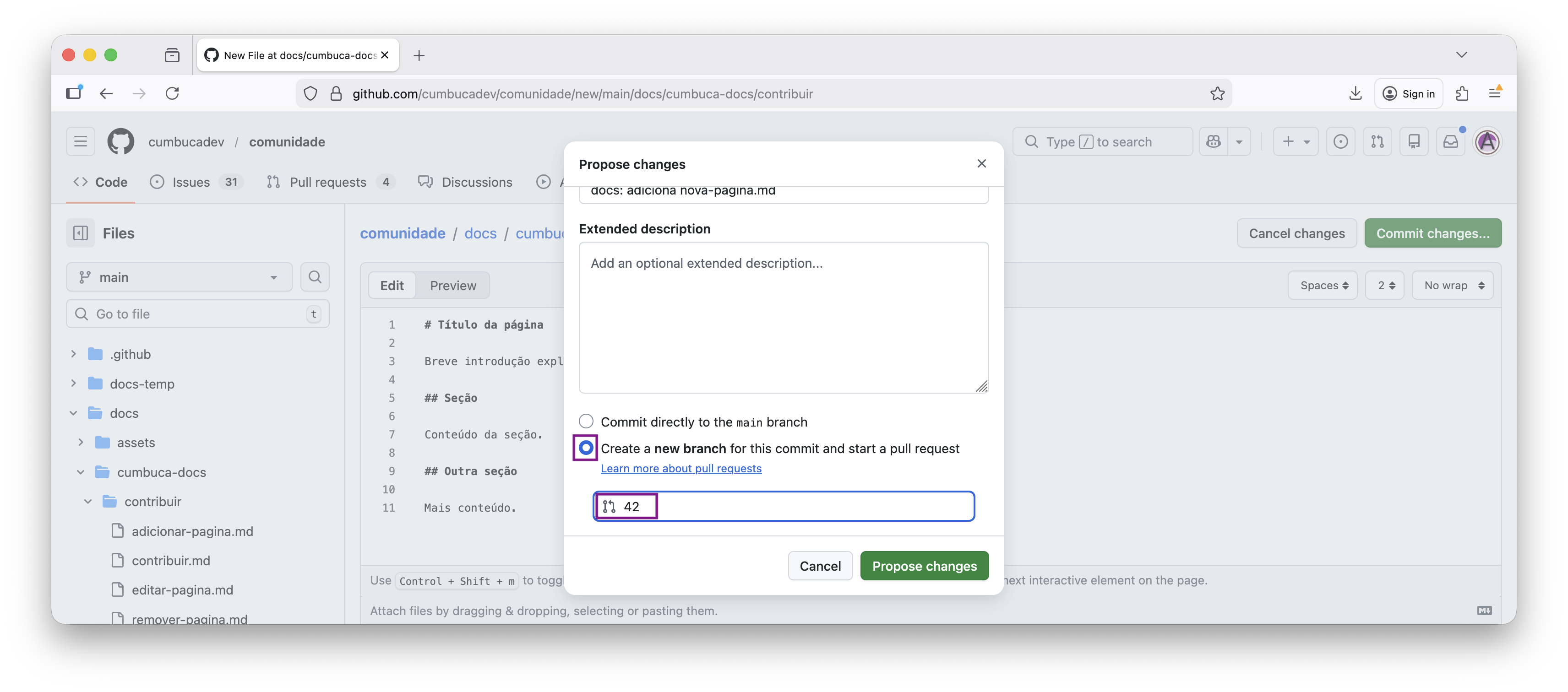 commit em um novo branch