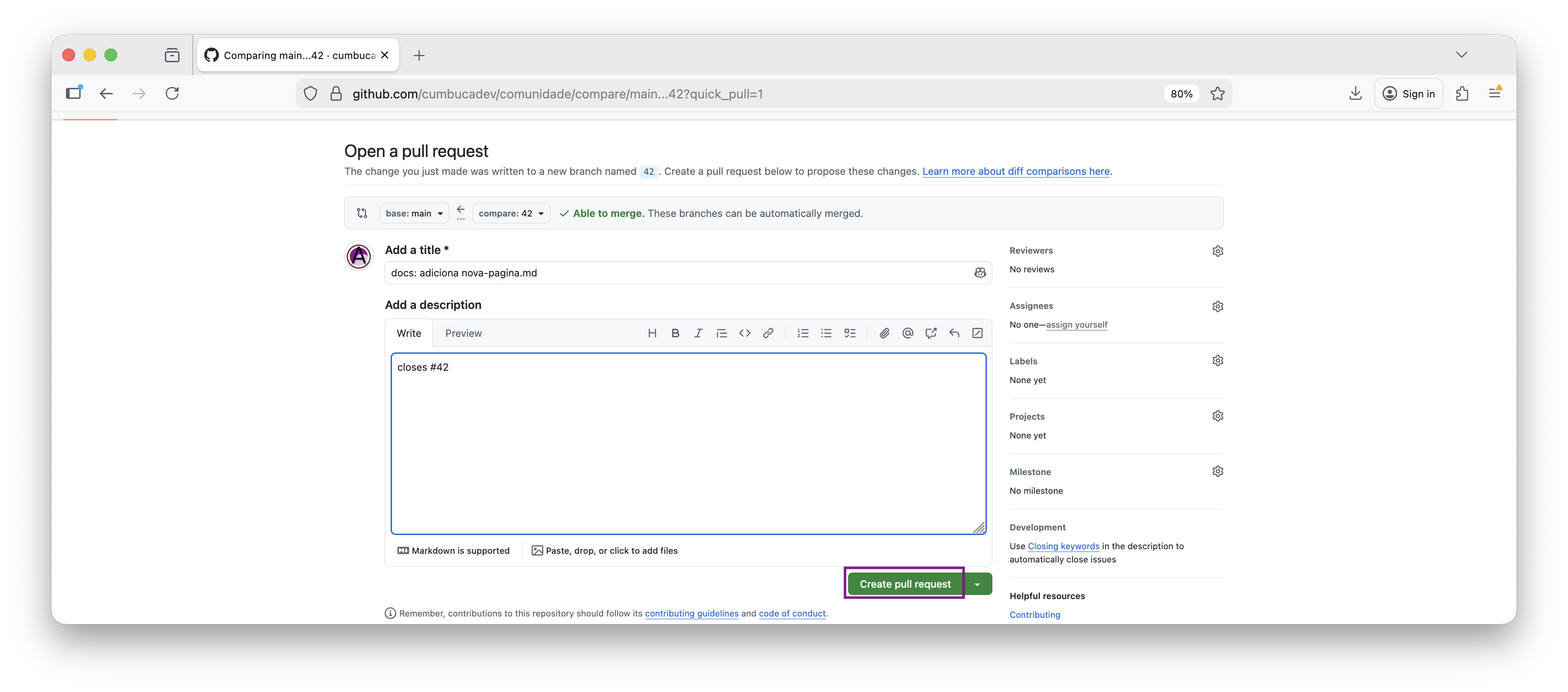 botão Create Pull Request