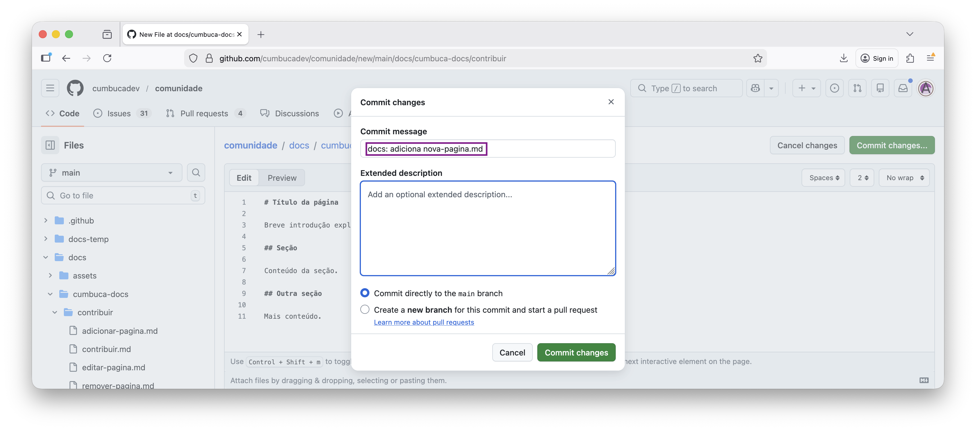 mensagem de commit