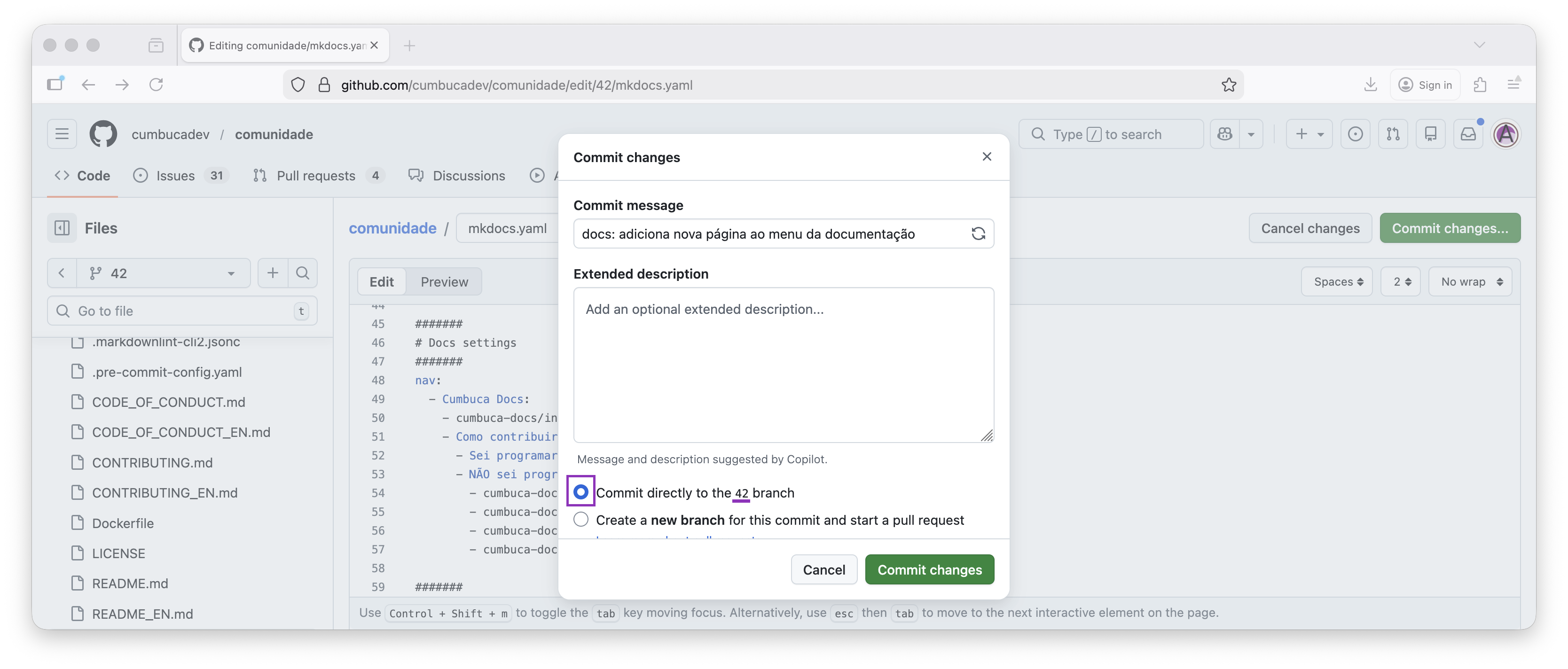 opção selecionada de fazer o commit diretamente no branch 42