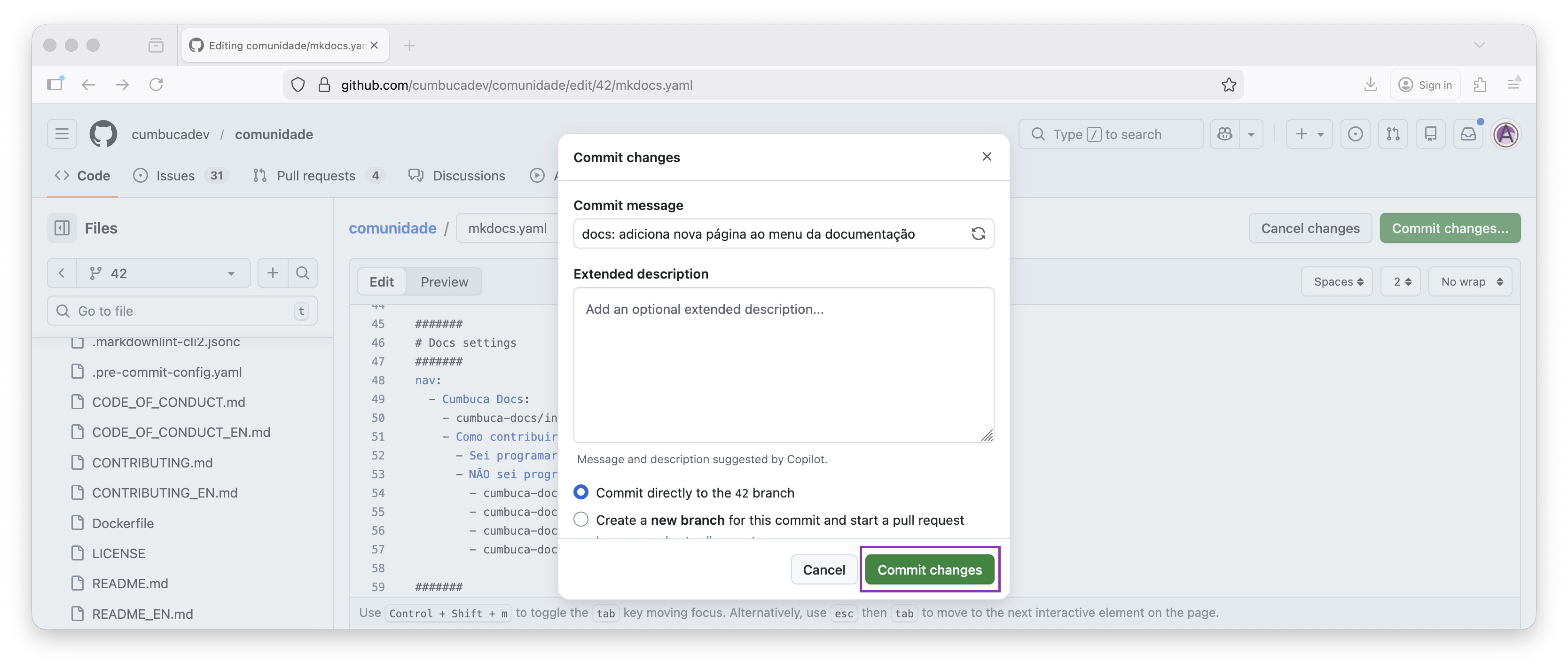 botão commit changes