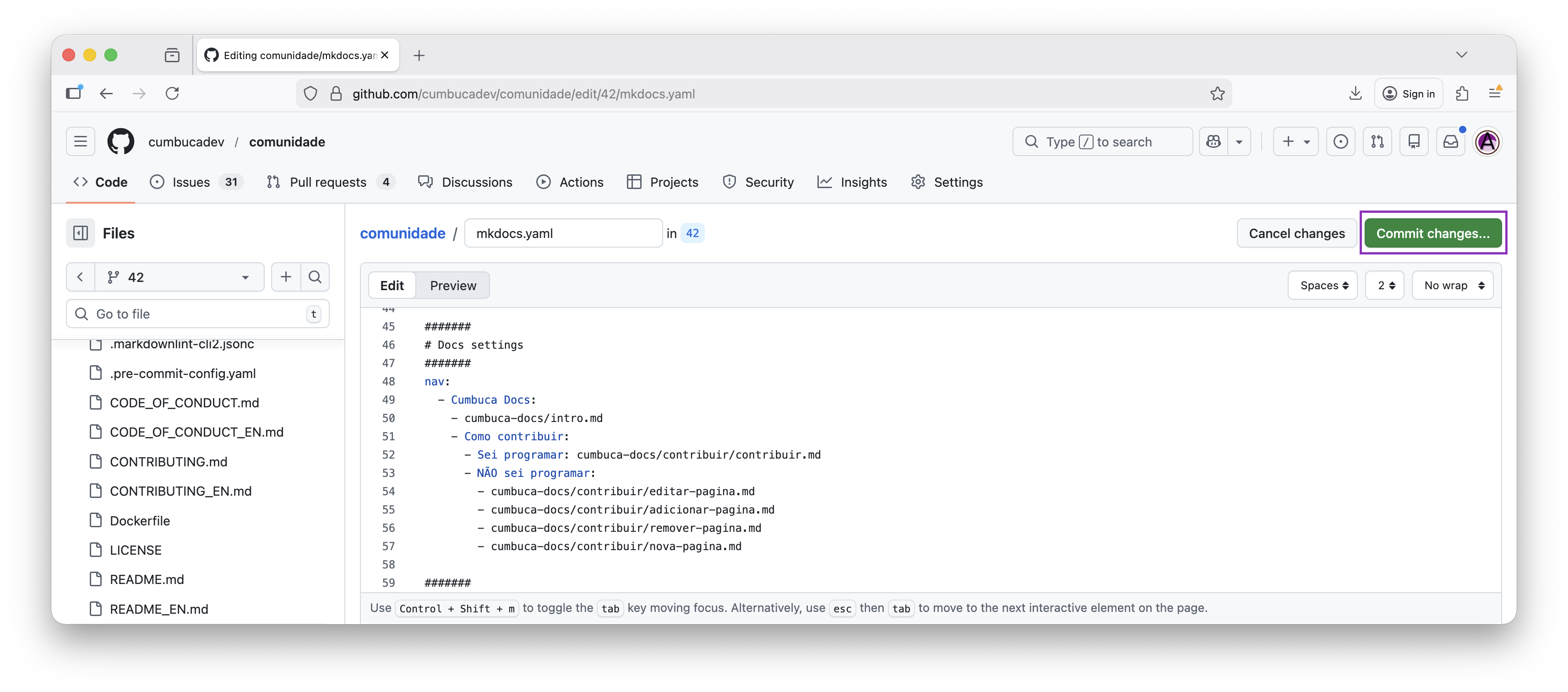 botão commit changes