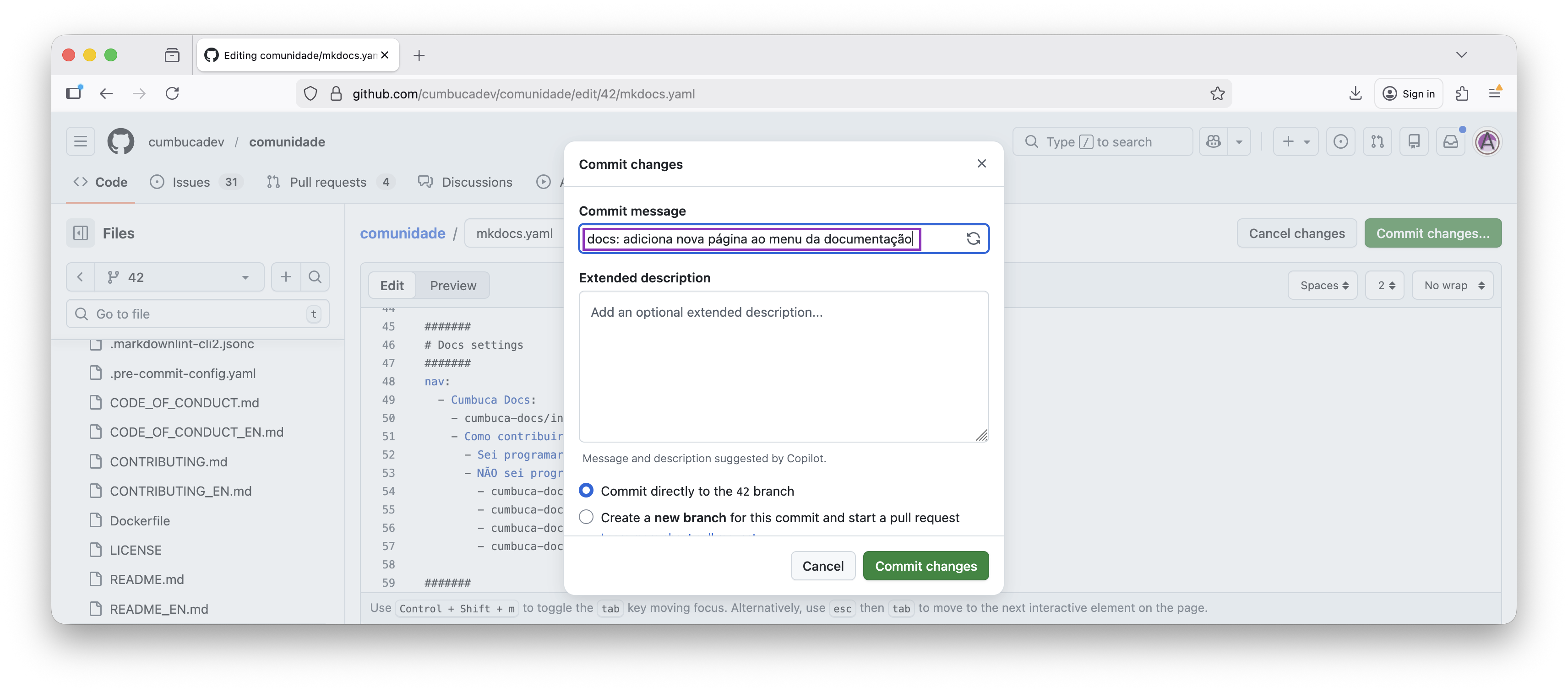mensagem do commit