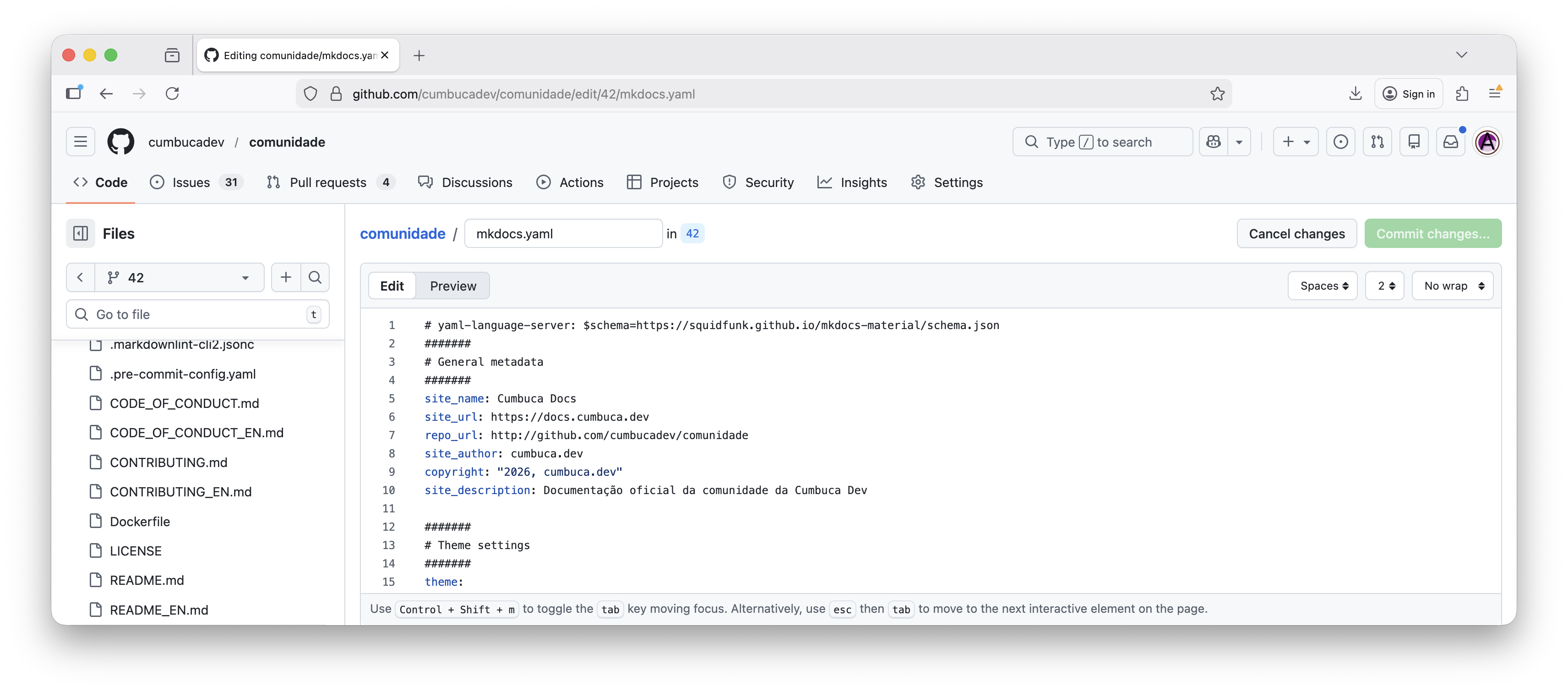 modo edição no arquivo mkdocs
