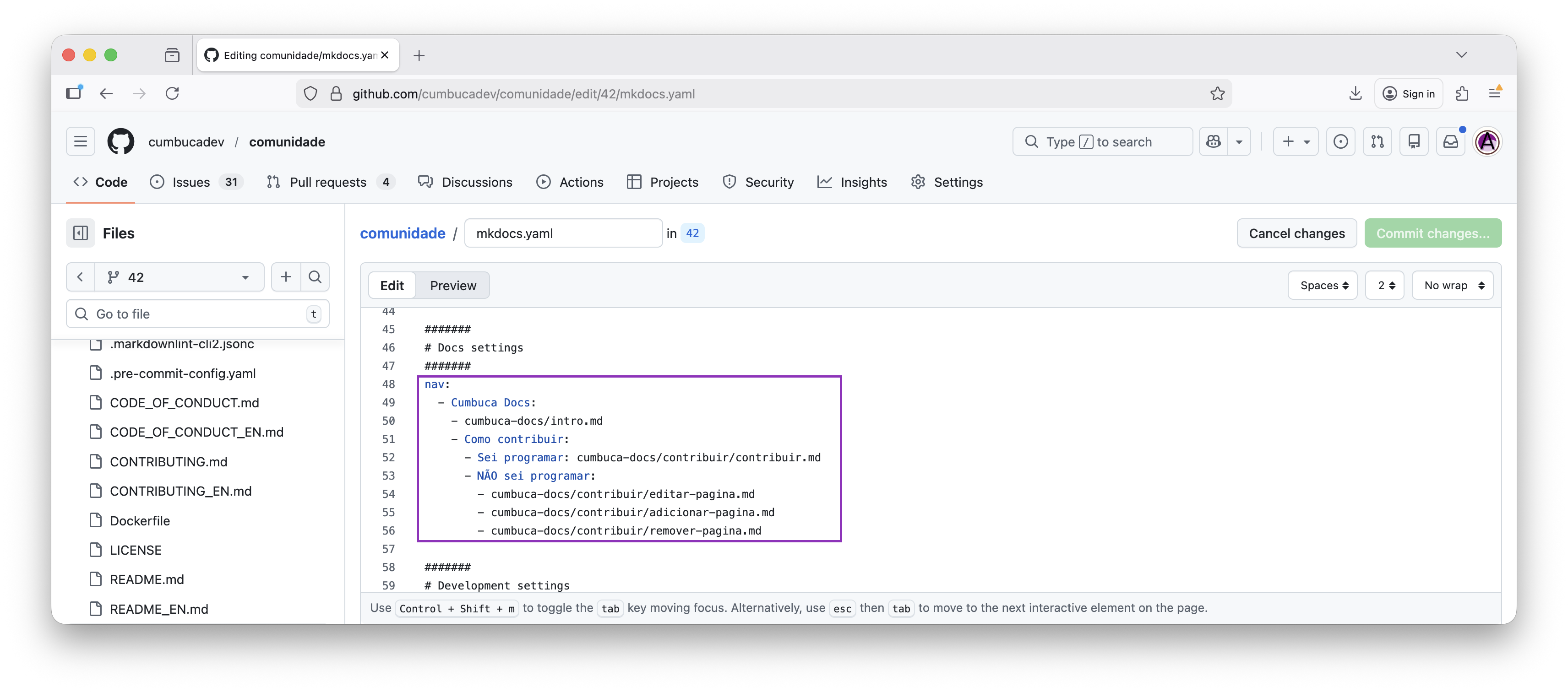modo edição no arquivo mkdocs, elemento nav