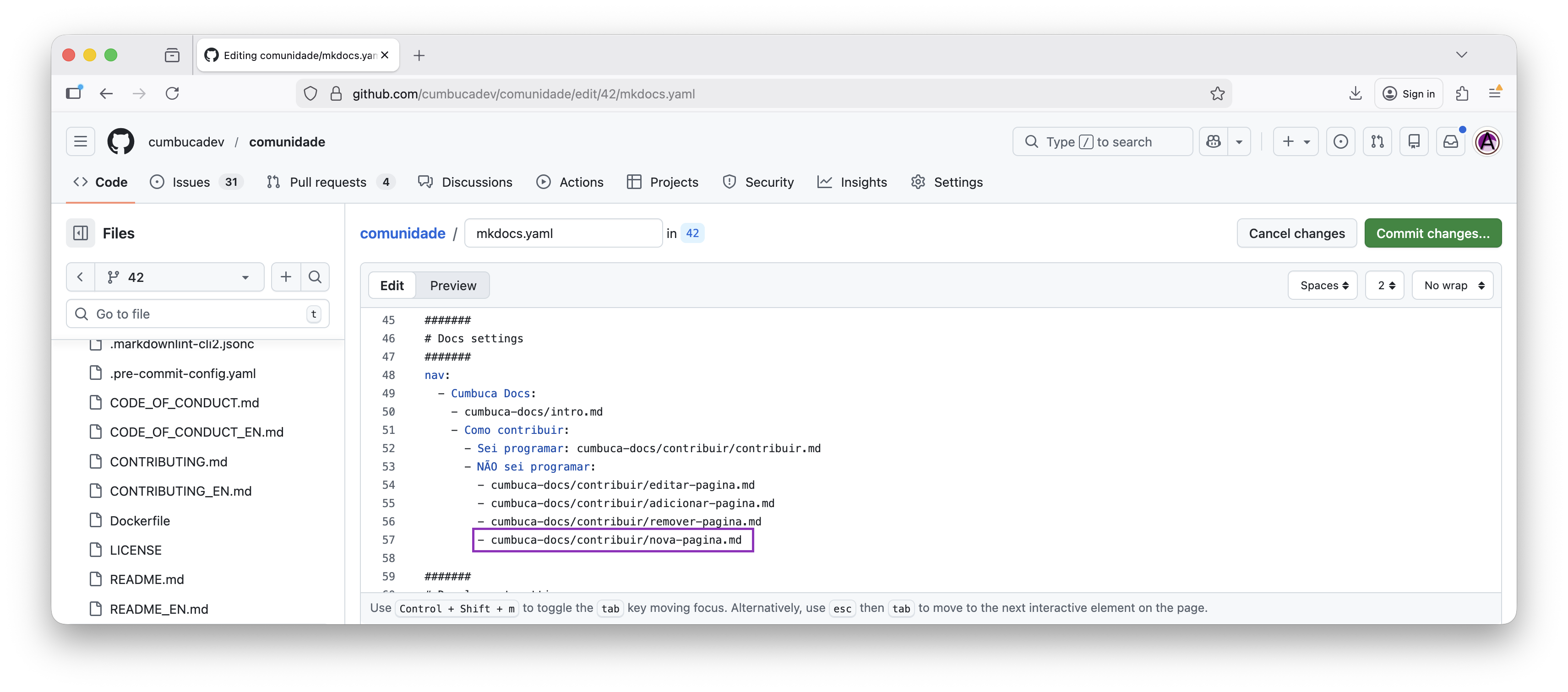 modo edição no arquivo mkdocs, elemento nav modificado