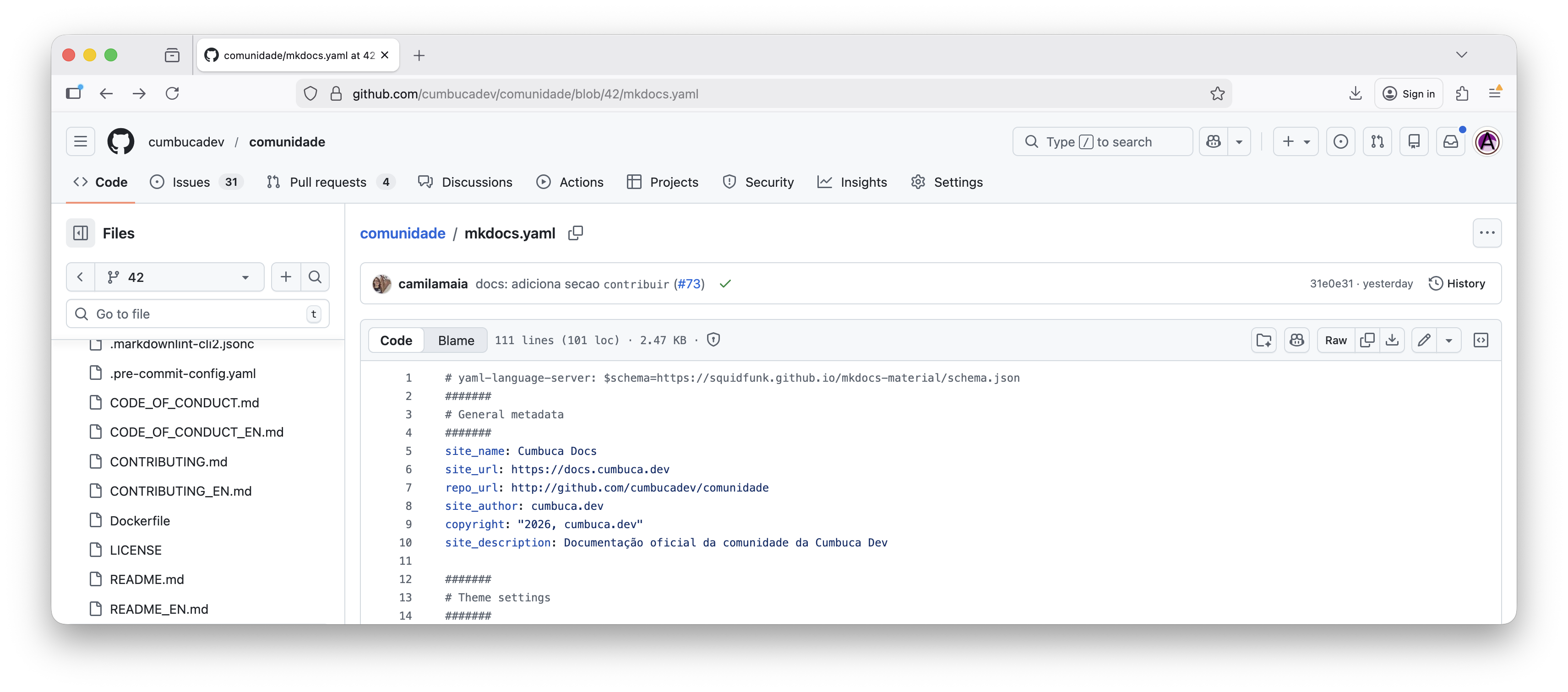 arquivo mkdocs aberto em modo leitura