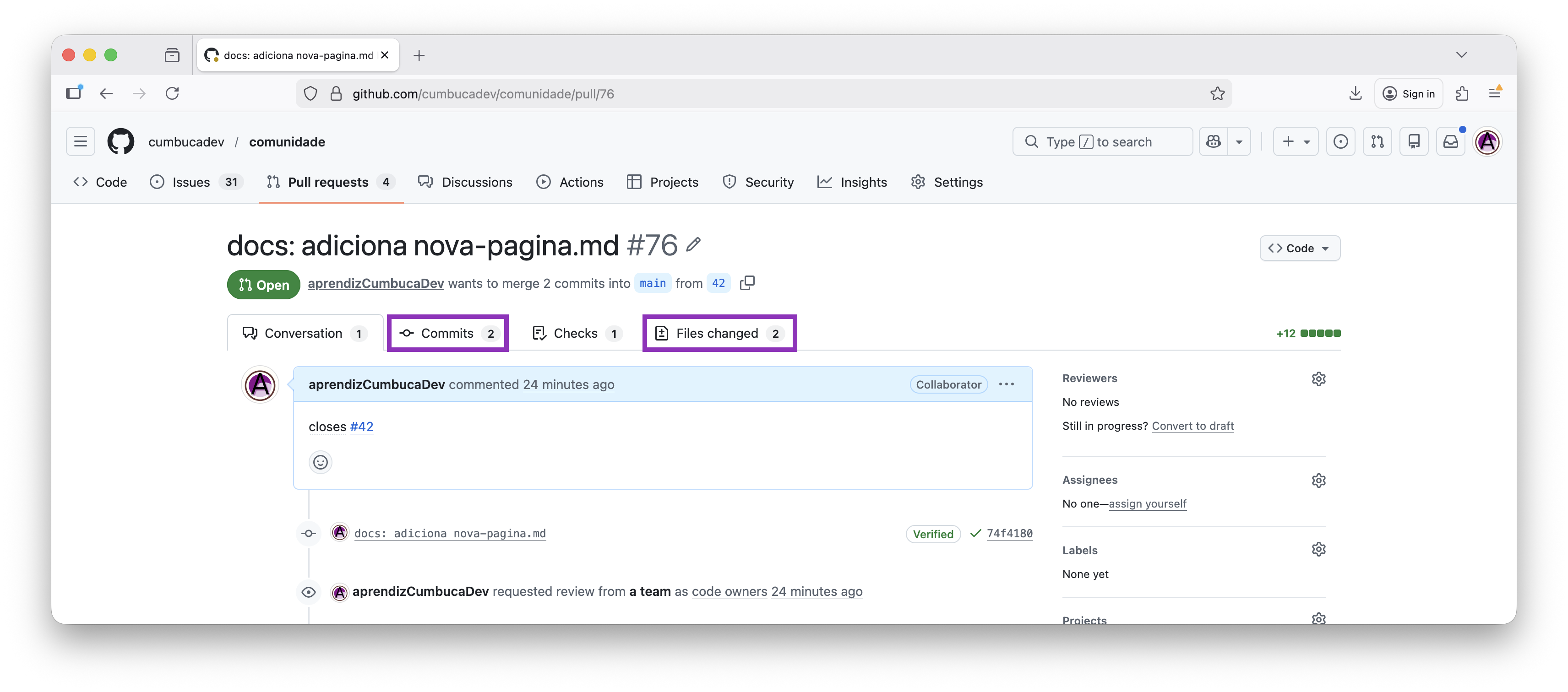 pagina do pull request