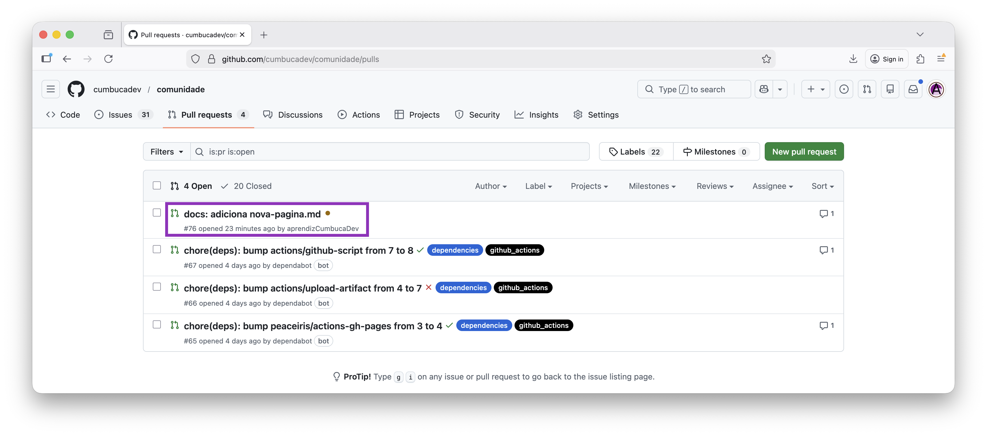 lista de pull requests