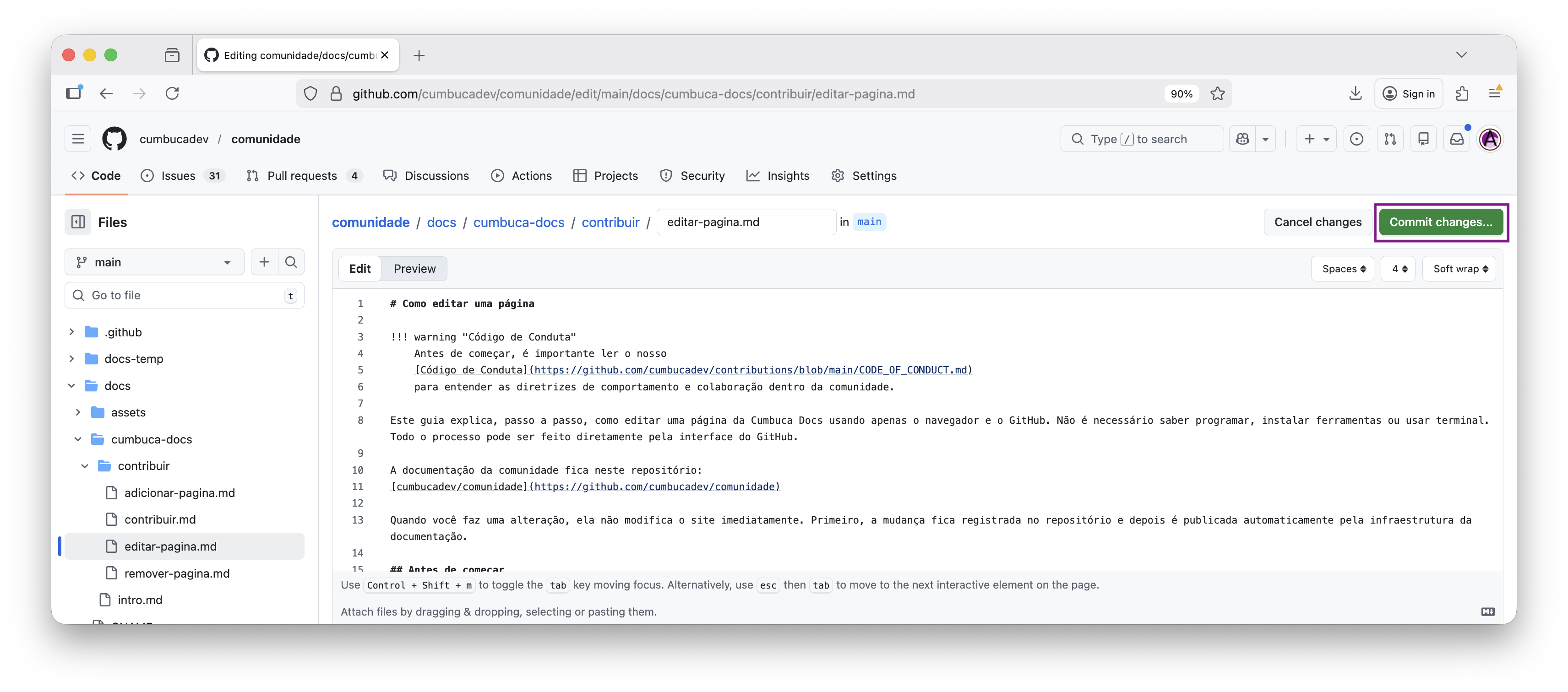 botão commit changes