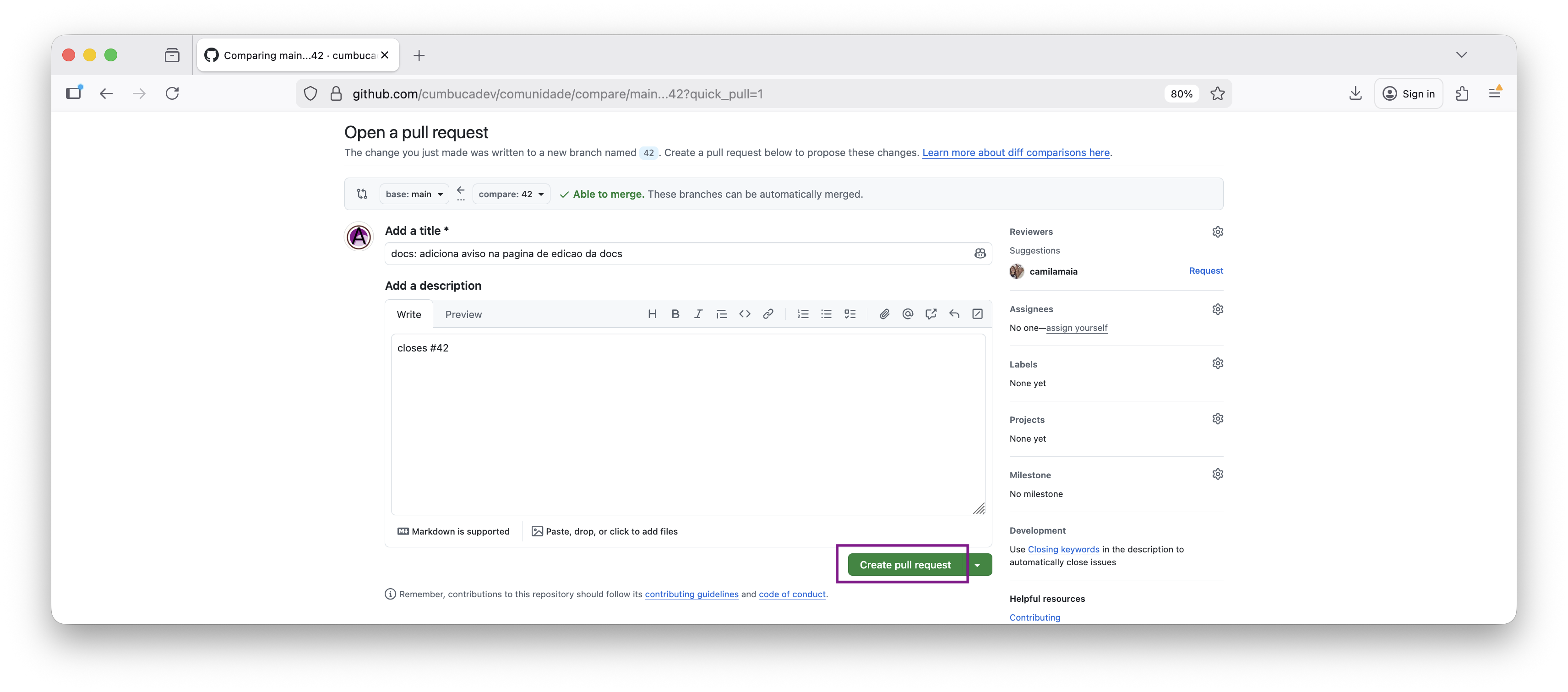 botão create pull request