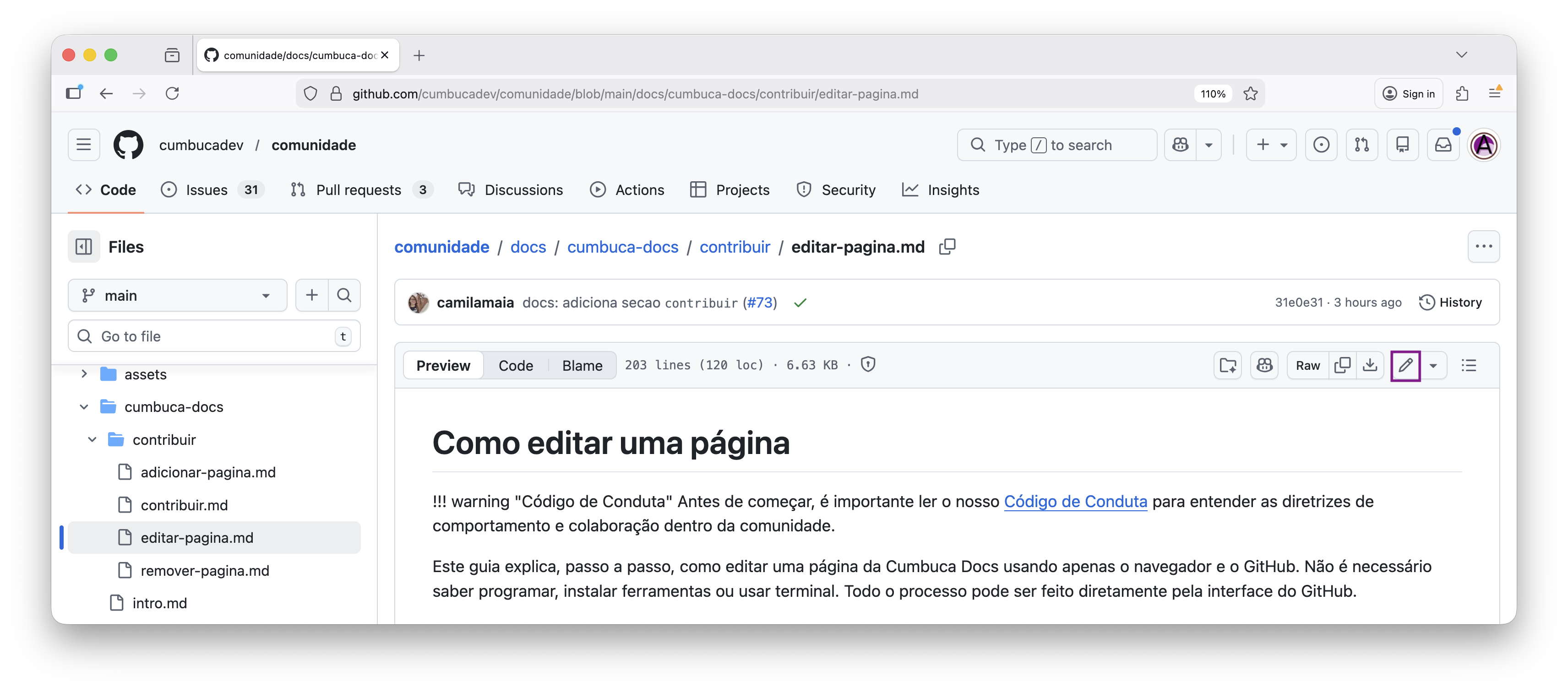 botão de lápis para editar arquivo