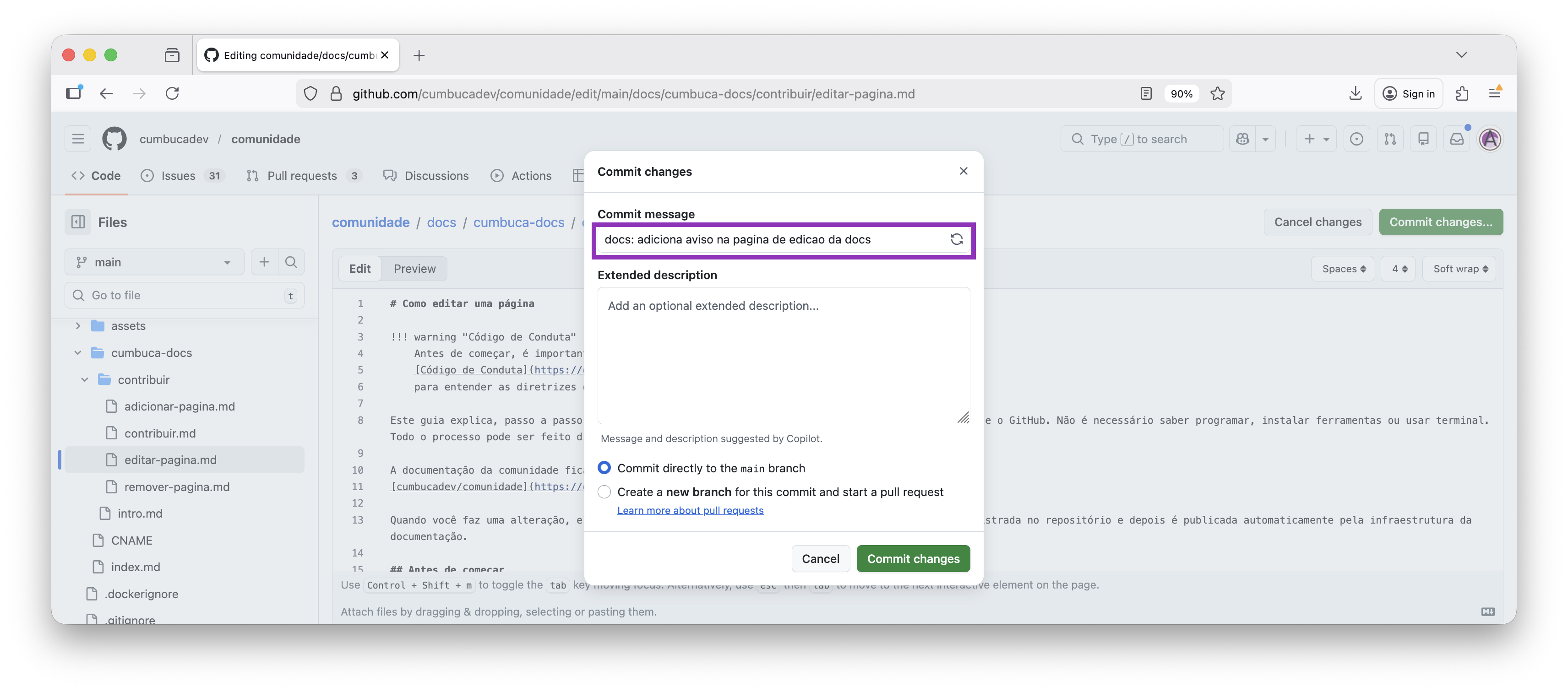 mensagem de commit