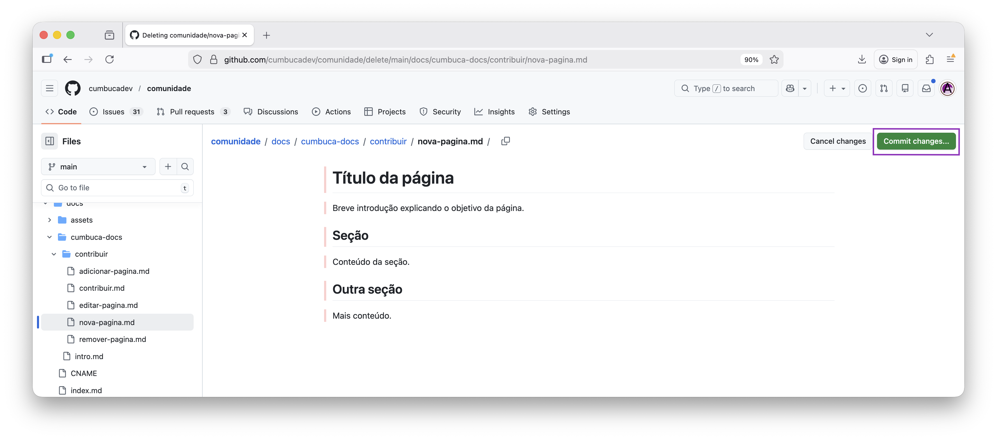 botão commit changes...