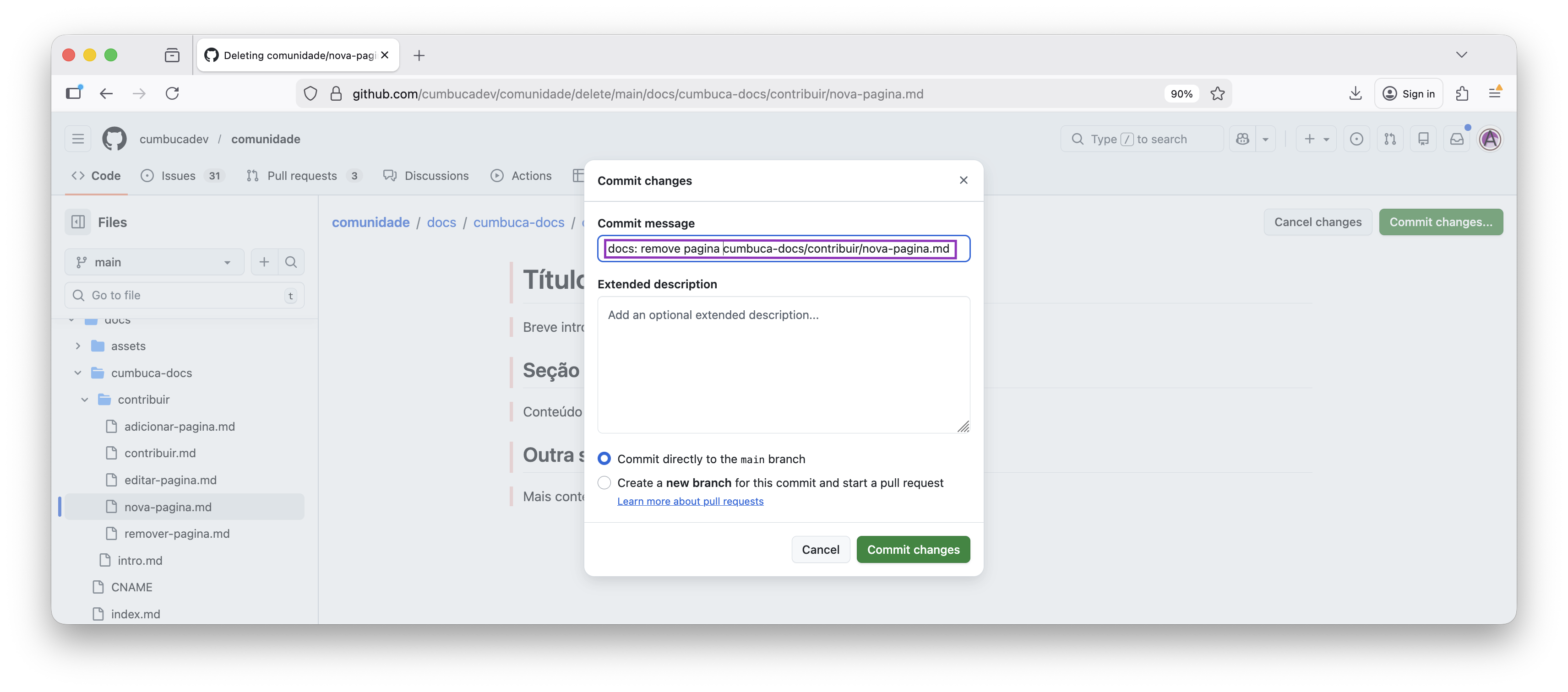 mensagem commit remoção