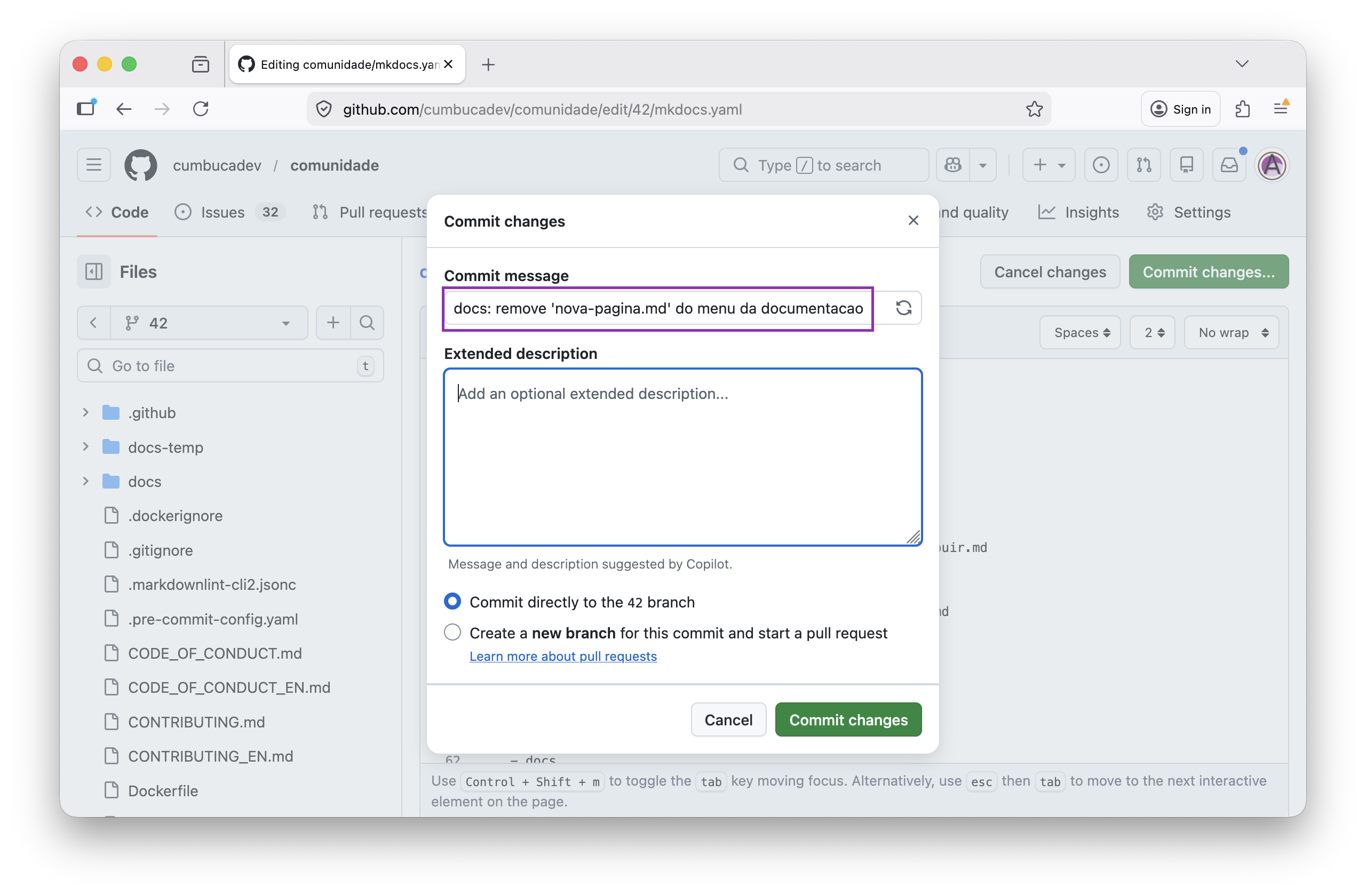 mensagem commit mkdocs