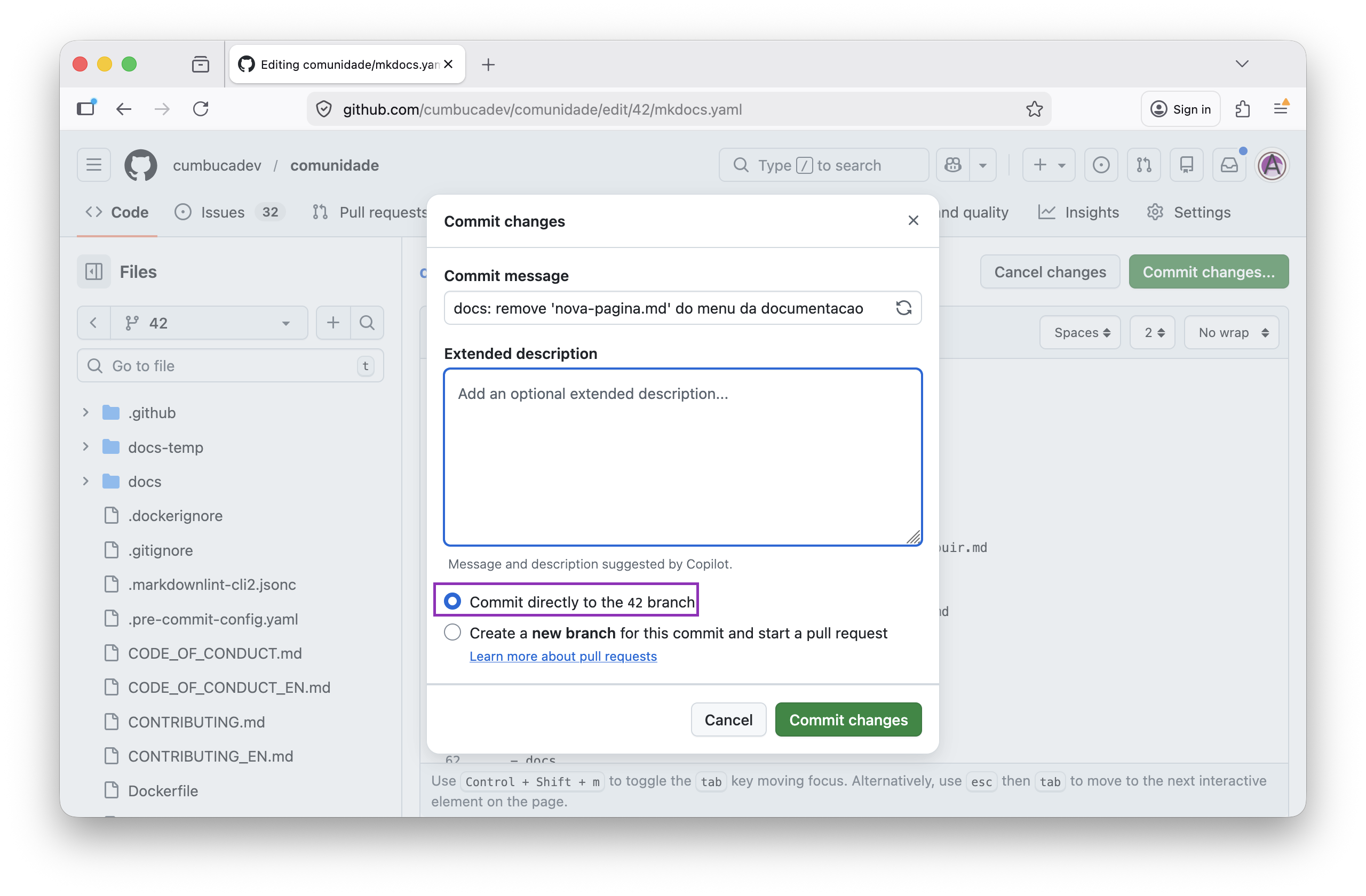 opção selecionada de fazer o commit diretamente no branch 42