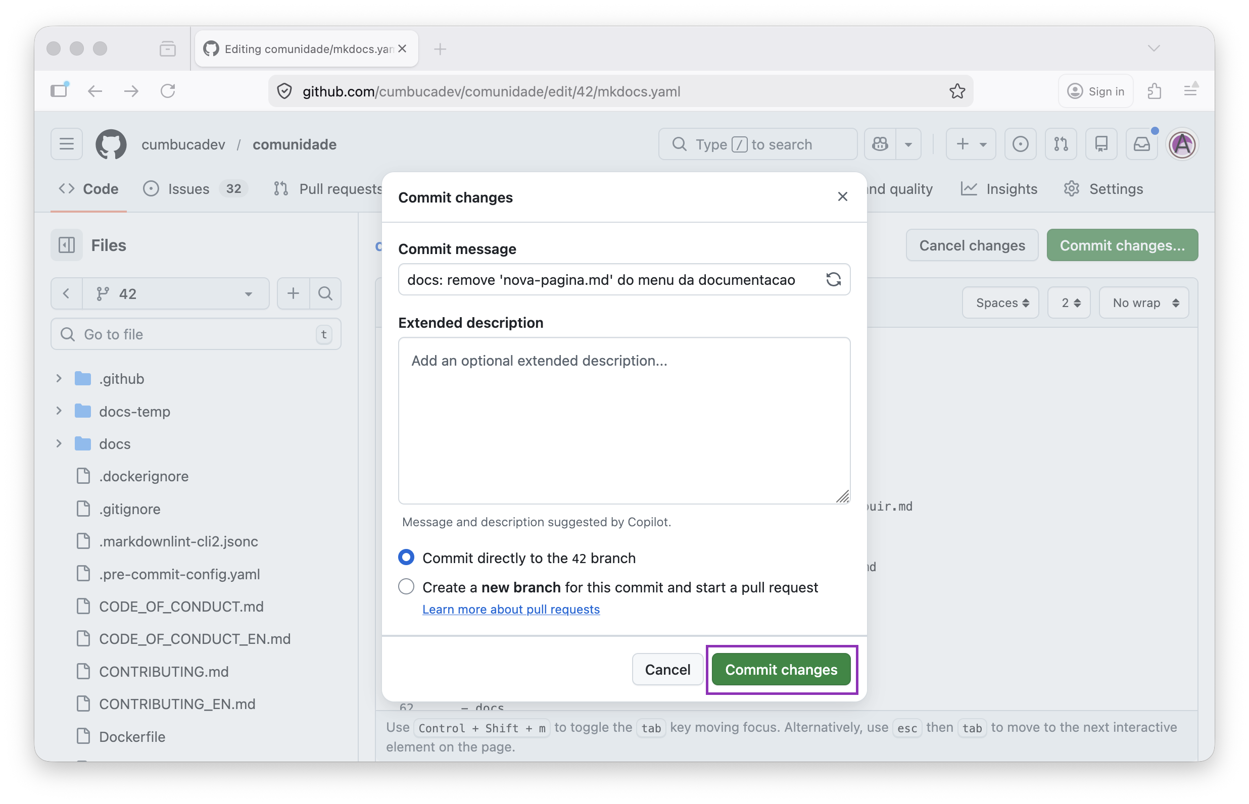 botão commit changes