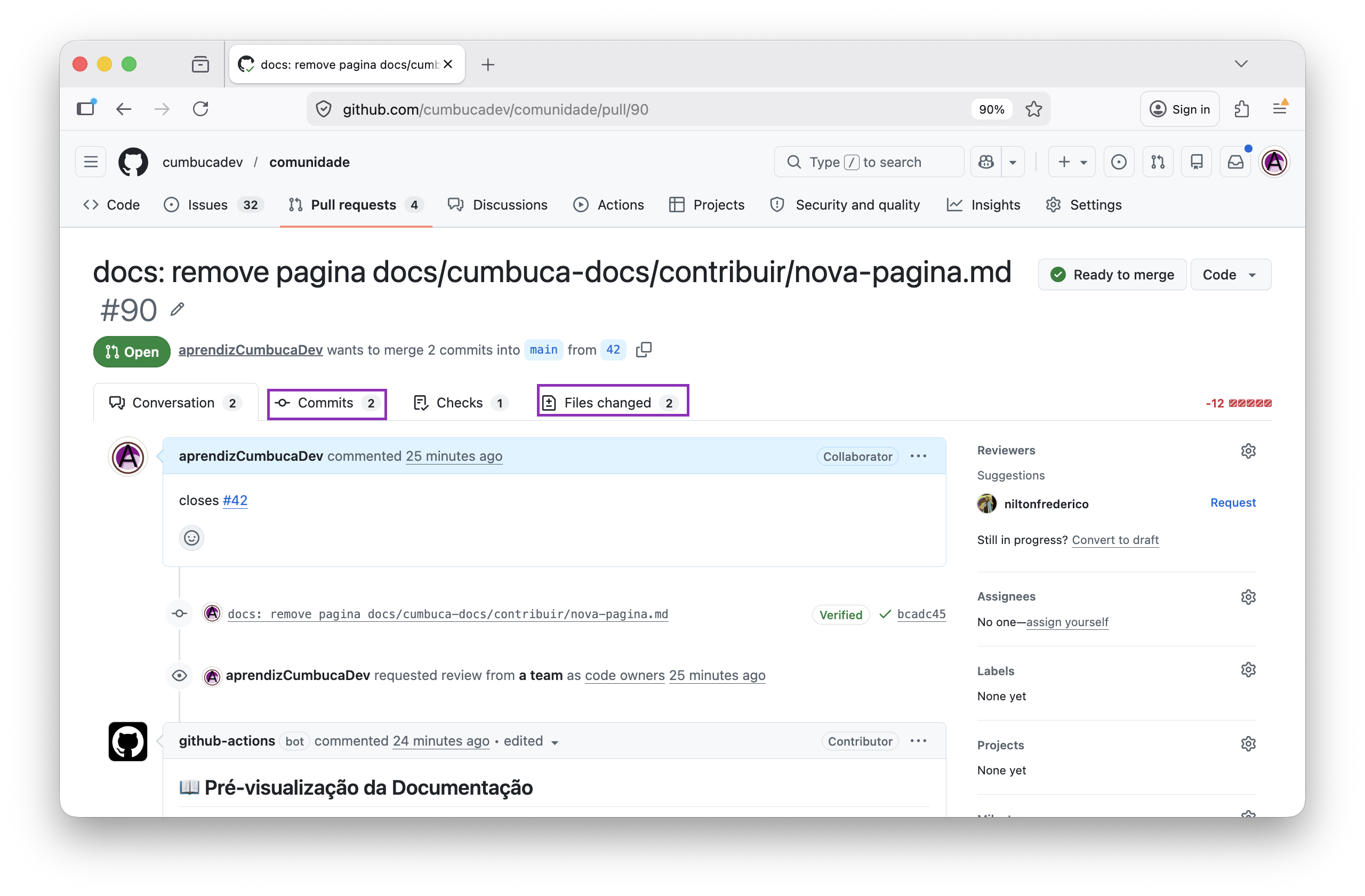 pagina do pull request